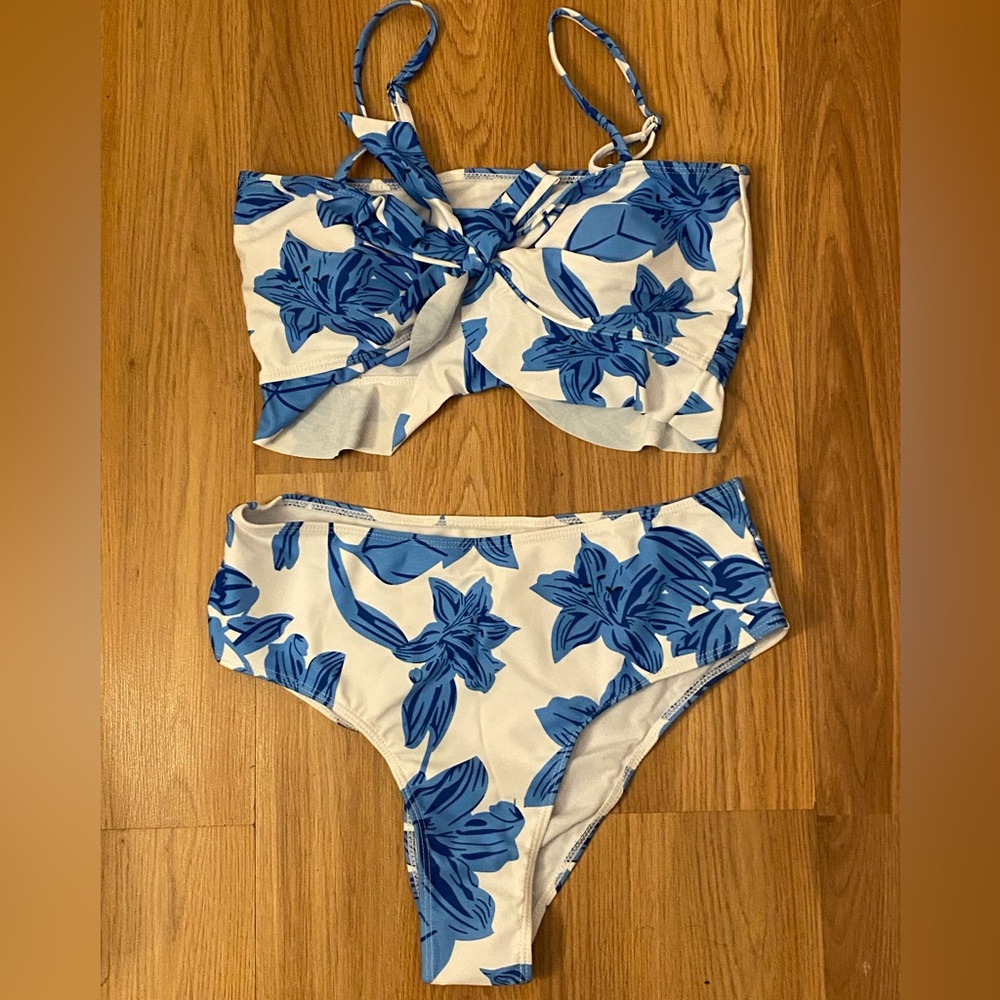 SHEIN Swim Summer Three-Piece Blue & White Flowers Bikini Set & Skirt - **NWT**